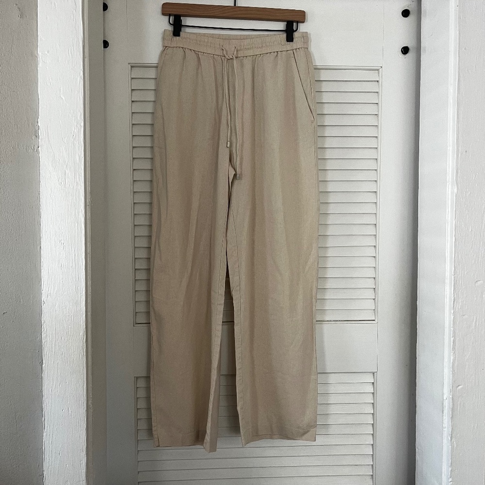 Zara Cream Woven Lounge Drawstring Pants with Pockets Medium